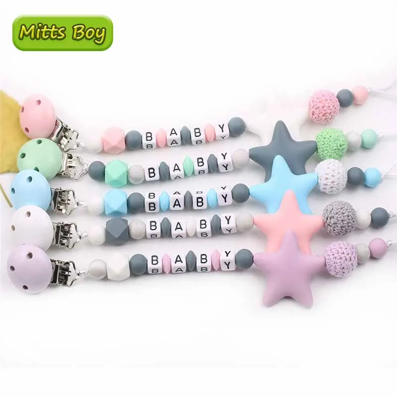 

New DIY Personalized Name Handmade Pacifier Clip Holder Chain Silicone Pacifier Chains Five Star Teether Teething Chain Gift Toy