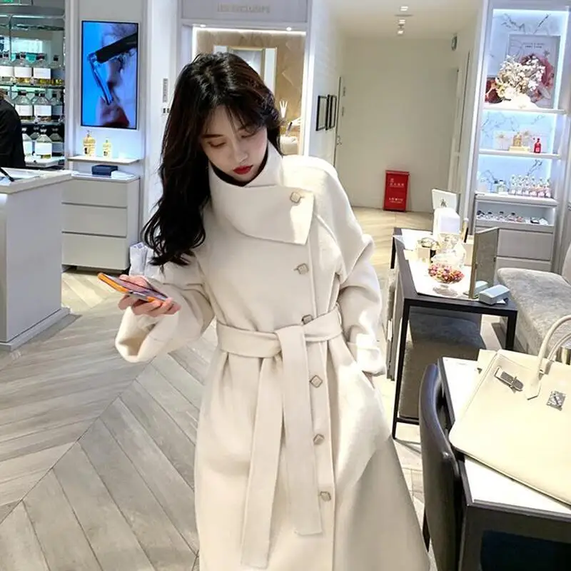 

2021Women Woolen Coat And Jacket England Style Sashes Women Long Cashmer Coat Loose Solid Women's Woolen Jacket Lady Windbreaker