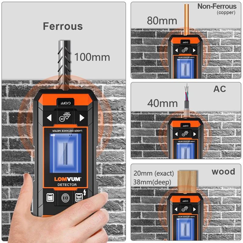 LOMVUM настенный металлоискатель USB зарядка детектор электропроводки 40 м дальность