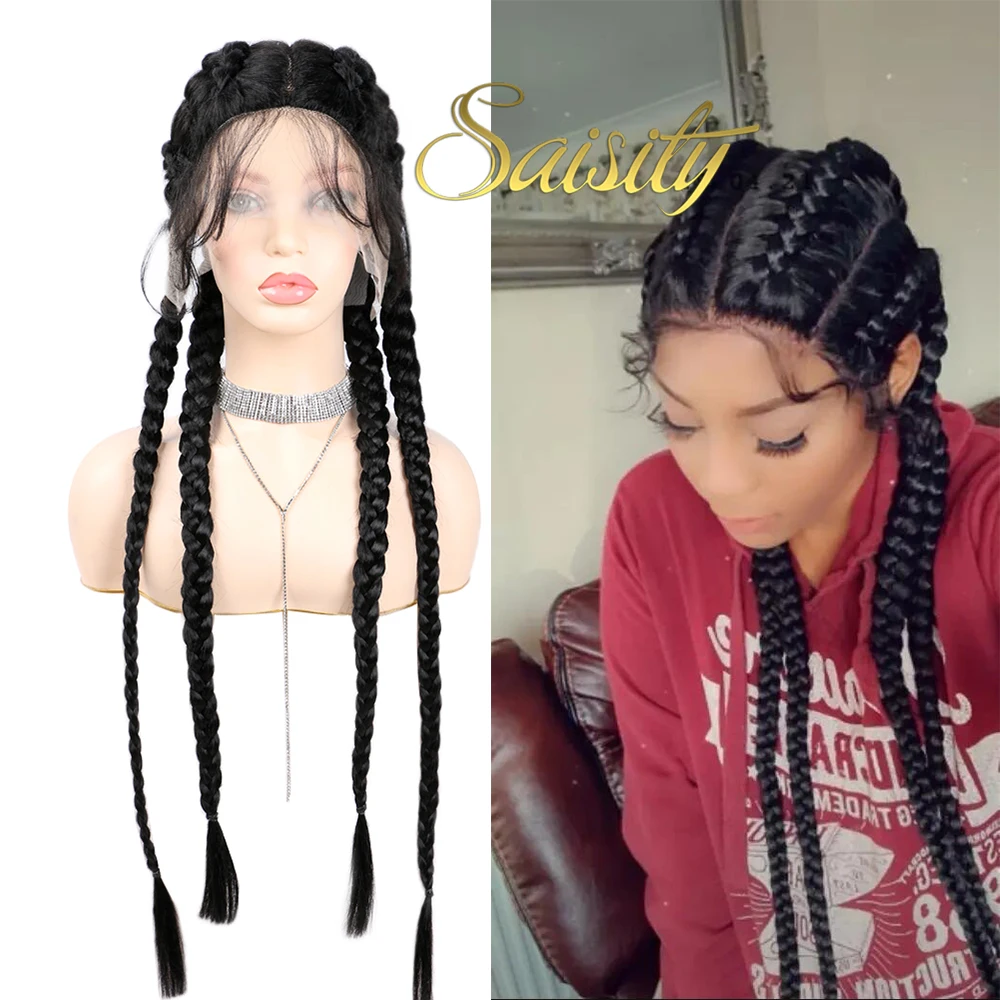 32Inch Synthetic Braided Wigs For Women Daily Wear Natural Look Cornrow Box Braids Lace Front Wig With Baby Hair Honey Brown