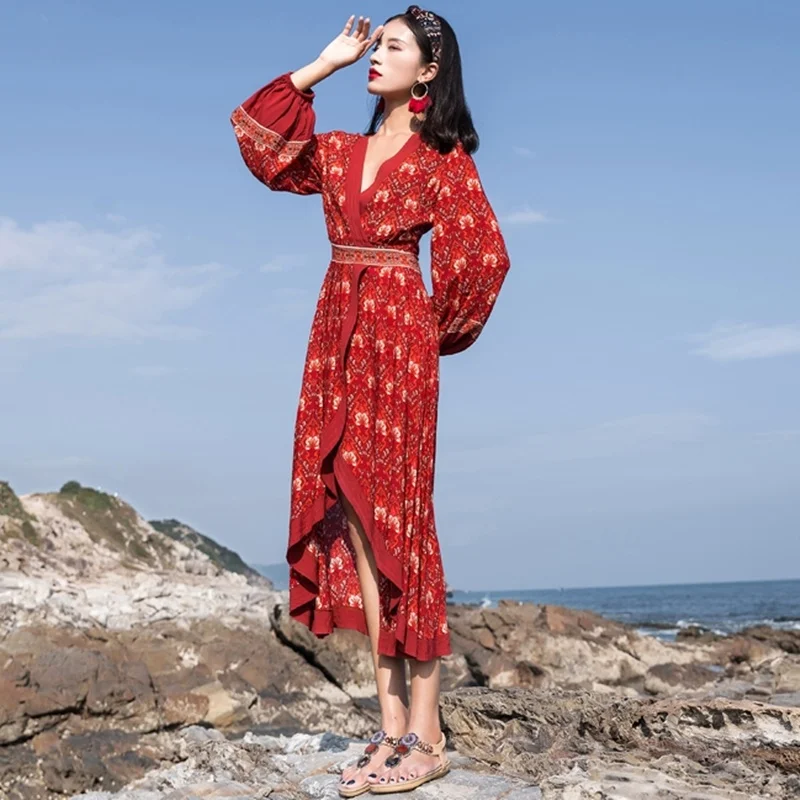 Шикарные Повседневные платья в стиле бохо для женщин 2019 красное Цветочное платье