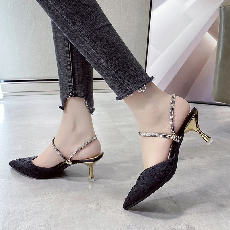 

Thin Heels Shoes Woman 2021 Heeled Mules Med Glitter Slides Flock Slippers Casual Pantofle High Jelly Luxury New Soft PU Crystal