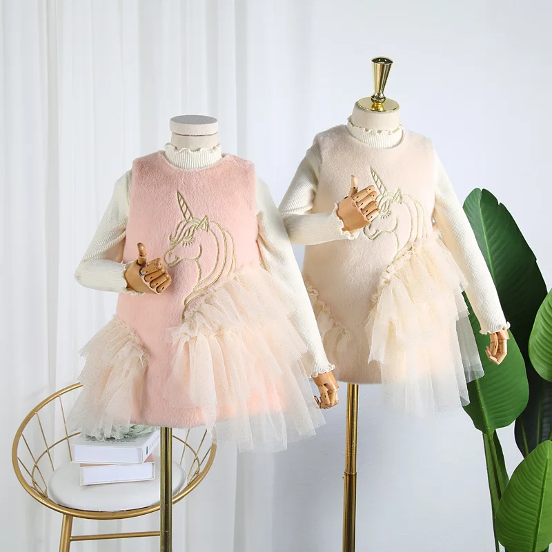 Lolita Girls Faux Fur Unicorn Vest Dress for Kids Fall Winter Clothing Ruffles Sweet Unicorio Baby Girl Christmas Costume | Детская