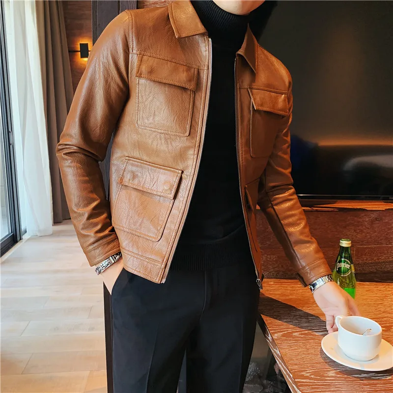 

2021 Autumn New Men's Long Sleeve PU Leather Jackets Men Motorcycle Faux Leather Coats Male Casual Slim Clothing Outwear O492