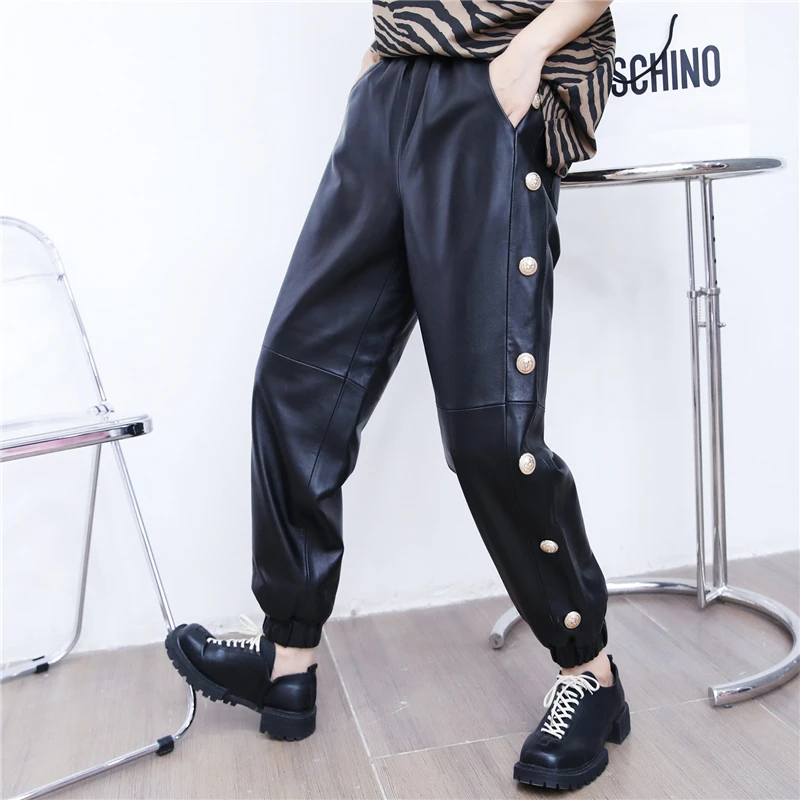 Real Leather Pants Metal Buttons Elastic Waist Genuine Sheep Leather Pants Female Was Thin Soft Leather Pants With Pockets wy287