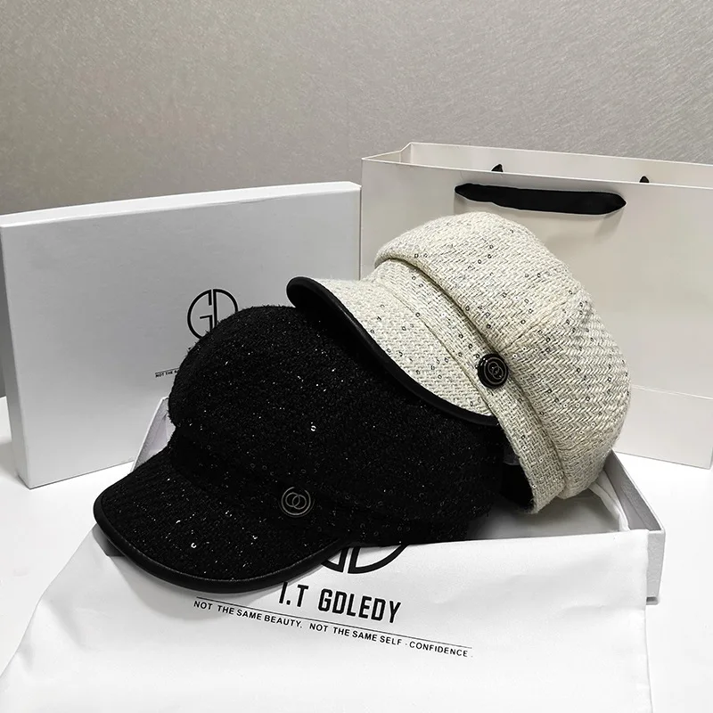 

Teacher Model Temperament Small Fragrant Wind Sequined Beret Female Autumn Show Face Small Tweed Octagonal Hat Autumn and Winter