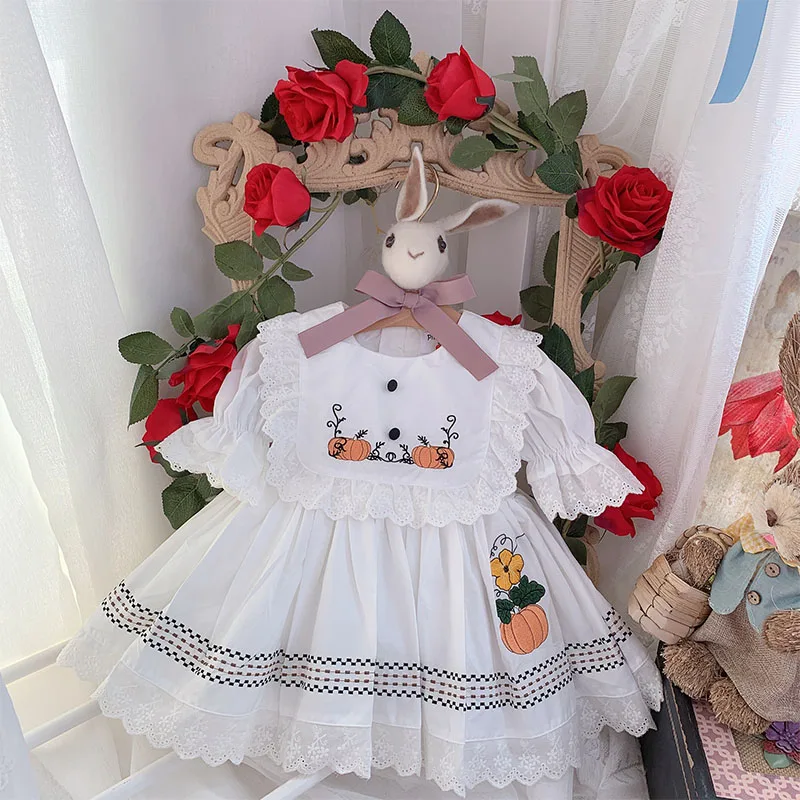 Autumn New Custom Turkey White Pumpkin Sweet Vintage Dress Baby Girl Christmas Halloween Thanksgiving Day Clothes | Детская одежда и
