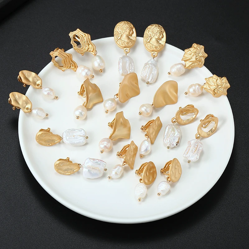 

Natural Irregular Freshwater Pearl No Pierced Clip on Earrings Matte Gold ZA Statement Ear Clips for Women Wedding Party Jewelry