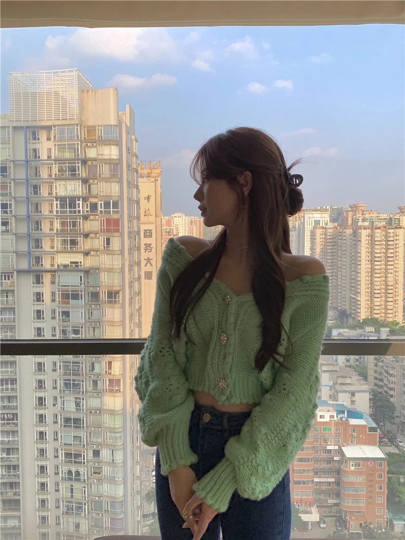 

Green sweater women's autumn winter 2020 new loose Korean version languid hollow out knitted cardigan top coat