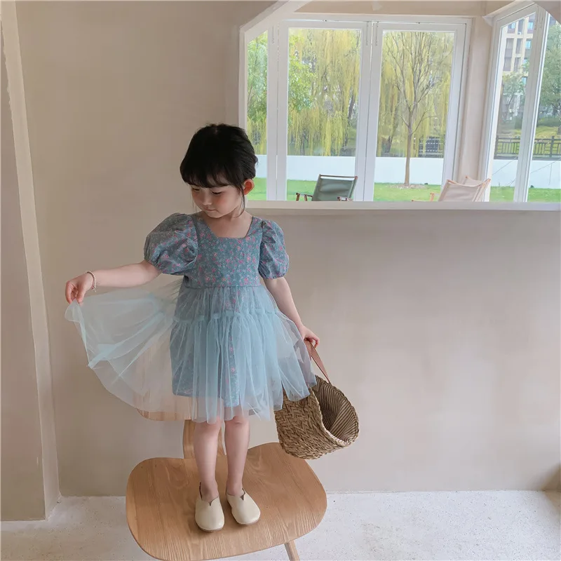 

Girls Casual Dresses 2021 New Summer Baby Floral Mesh Patchwork Vestidos Korean Style Children Short Sleeve Clothing