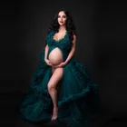 Очаровательные зеленые тюлевые платья для беременных с V-образным вырезом без рукавов с оборками Длинные Пышные Платья для беременных для фотосессии