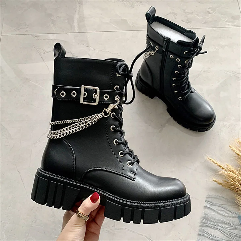 

KemeKiss Motorcycle Boots Women Metal Chain Chunky Ins Street Woman Shoes Autumn Ankle Boots Fashion Ladies Shoes Size 36-41