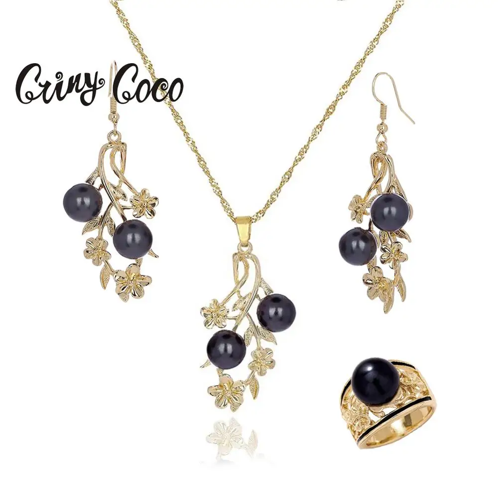 

SophiaXuan Fashion Pearl Necklace Set Alloy Plumeria Flowers Ring Earrings Jewelry Sets Gold 2021 Party Hawaii Ladies for Women