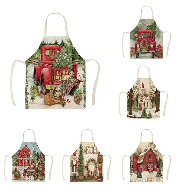 

Festival Style Apron Kitchen Women Baking Waist Bib Cooking Apron For Men Christmas Pattern Sleeveless Cotton Linen Custom Apron