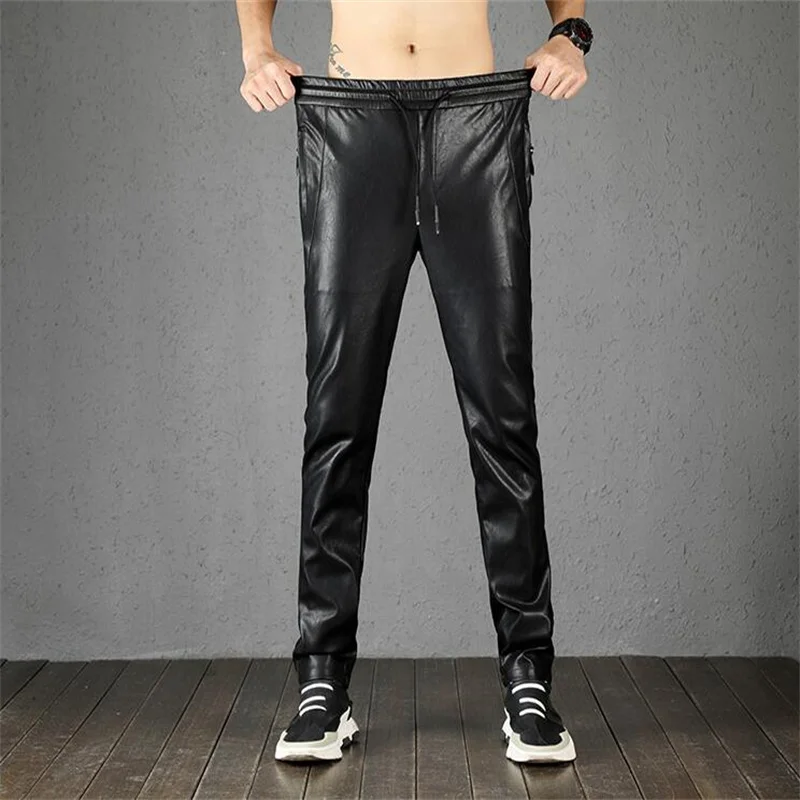 Autumn winter leather pants men's fashion korean style slim feet trousers tight-fitting plus velvet thick black pantalon cuir