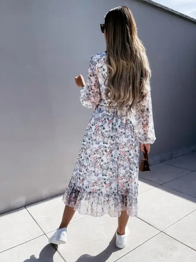 

Boho Lantren Sleeve Floral Print Women Long Dress 2021 Summer V Neck Tunic Chiffon Holiday Female Maxi Dresses Elegant vestidos