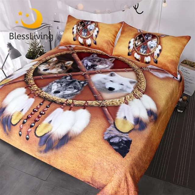 BlessLiving Wolves Bedding Set Queen Dreamcatcher Wolf Duvet Cover Wild Animal Bedclothes 3D Print Tribal Bedspreads Drop Ship 1