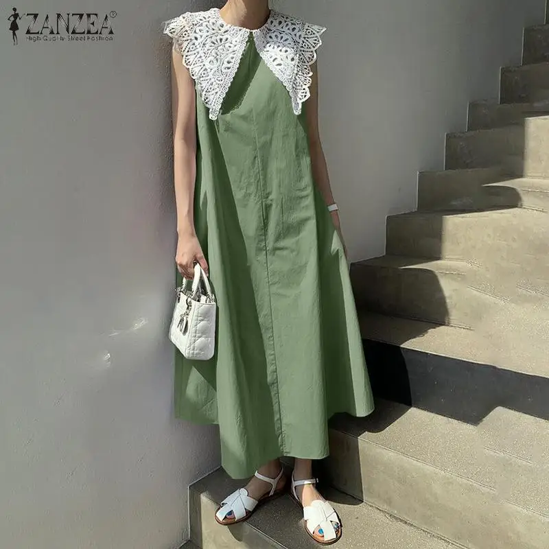 

Womens Summer Tank Maxi Dress Holiday Loose Solid Dresses ZANZEA Elegant Lace Up Robe 2022 Fashion Sleeveless Vestidos