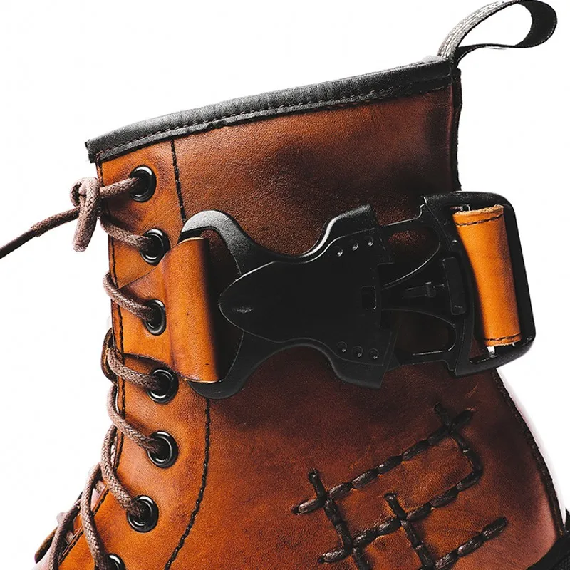 

High-Top Cowhide Motorcycle Boots Mens Vintage Ankle Boot Lace Up Round Toe Genuine Leather Winter Outdoor Warm Tooling Boots