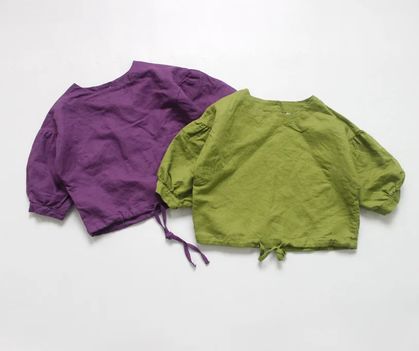 Детские осенние льняные рубашки для девочек однотонные топы с рукавами