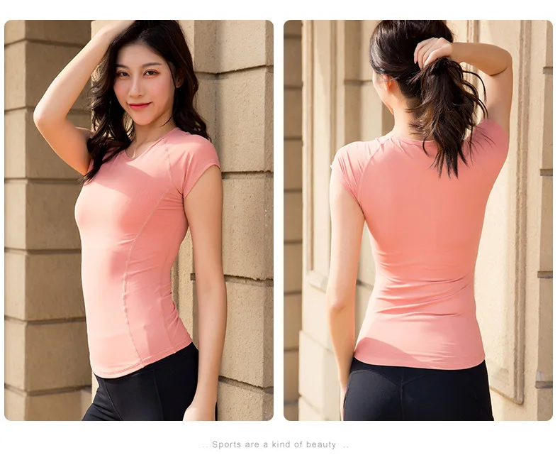 

Women Fitness Yoga Jogging Sportswear Running Gym Clothing Elastic Compression T Shirt 87% Nylon 13% Spandex Black Pink White
