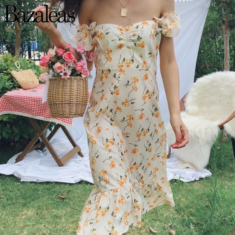 Женское платье с рюшами Bazaleas желтое пляжное цветочным принтом 2019 | Женская одежда