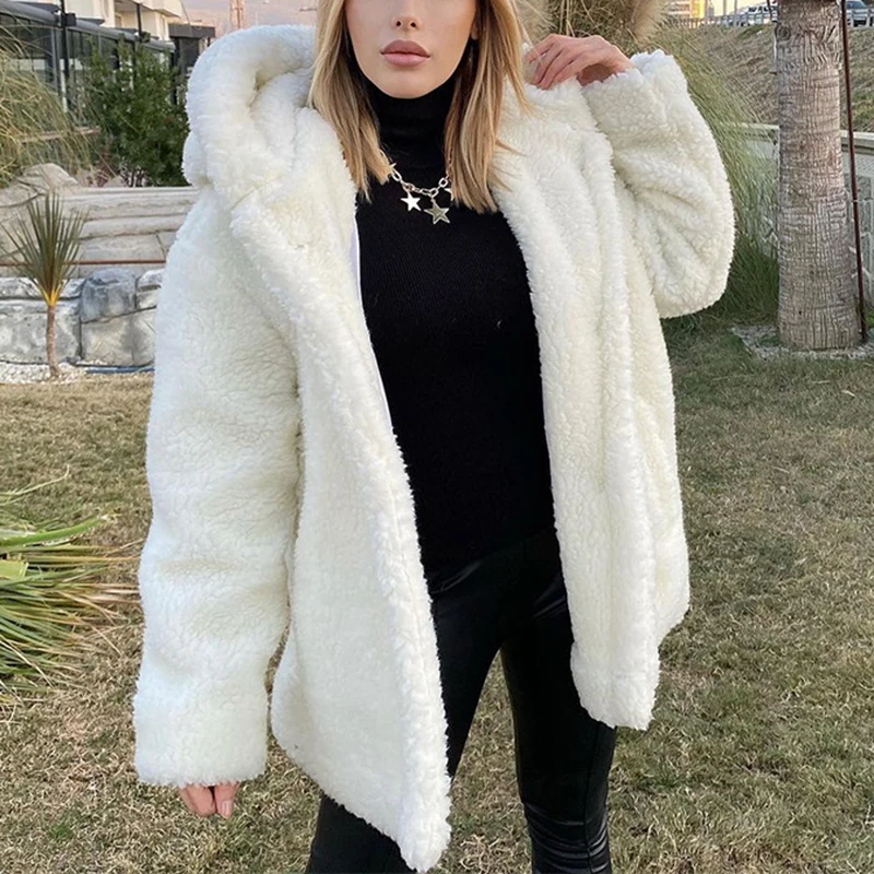

Winter Women's Coat Faux Fur Coats Lapel Collar Outwear Female Long Sleeve Top Women Cashmere Warm Loose Lamb Wool Jacket