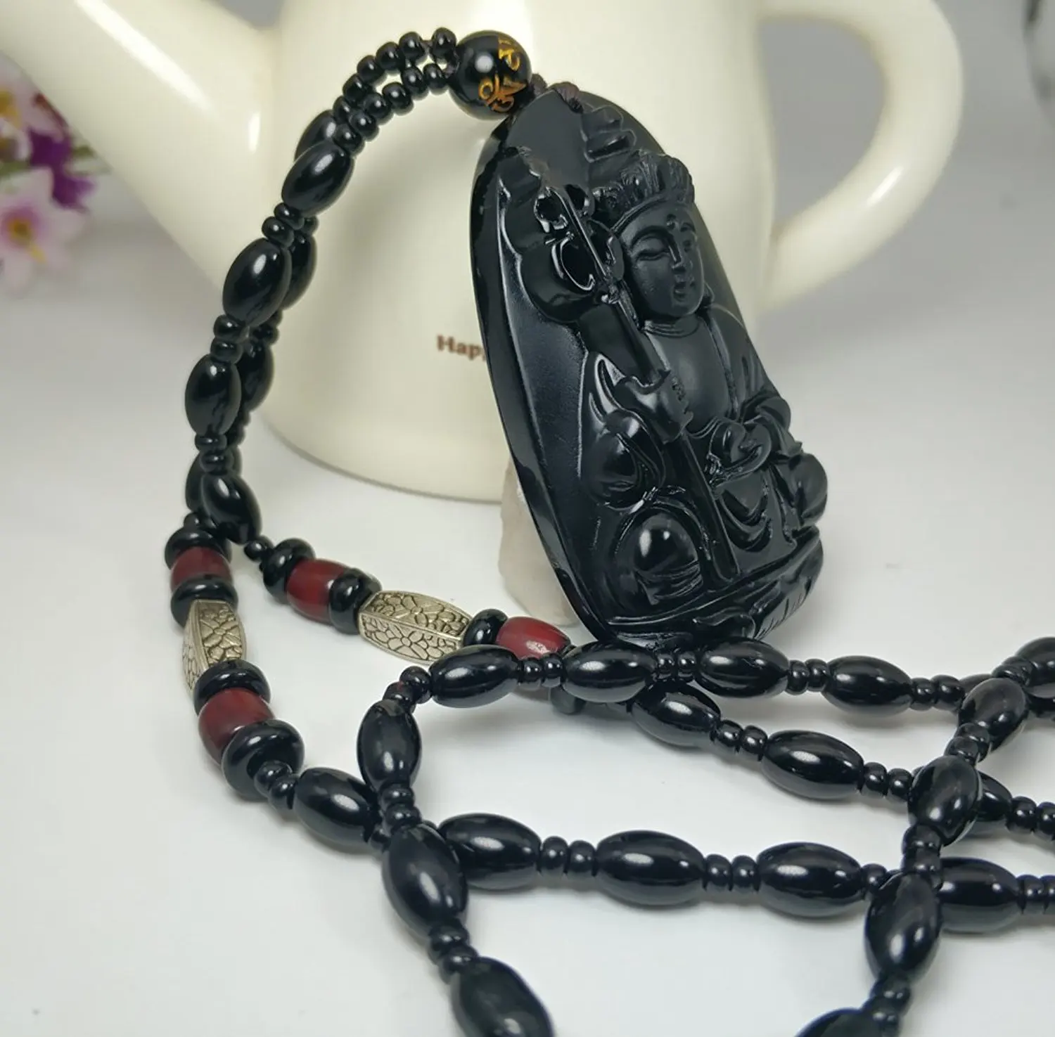 LETSFUN Fine Jewelry Clin-kk Pure Natural Obsidian Tibet Buddhism Jizo King Di Zang Buddha Necklace Pendant Free Shipping | Украшения и