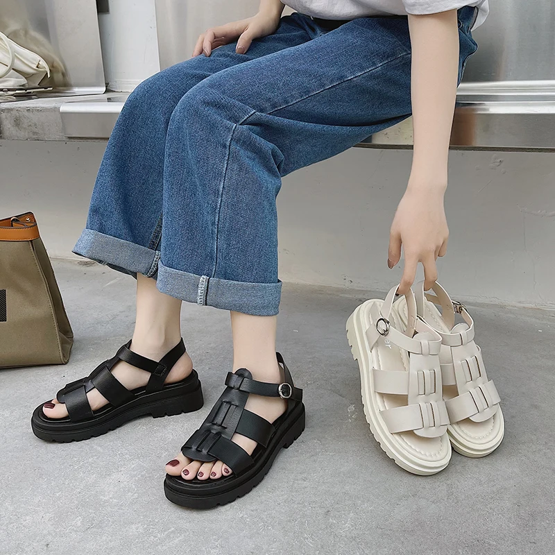 

Beige Heeled Sandals Clogs Wedge 2021 Summer All-Match Increasing Height Comfort Shoes for Women Med Black Platform Thick Clear