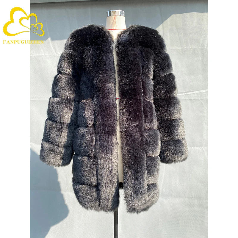 FANPUGUIZHEN  Winter Mid Long Fashion Faux Fox Fur Coats  Warm Thick Luxury Female Gray Women's Fake Fur Jacket