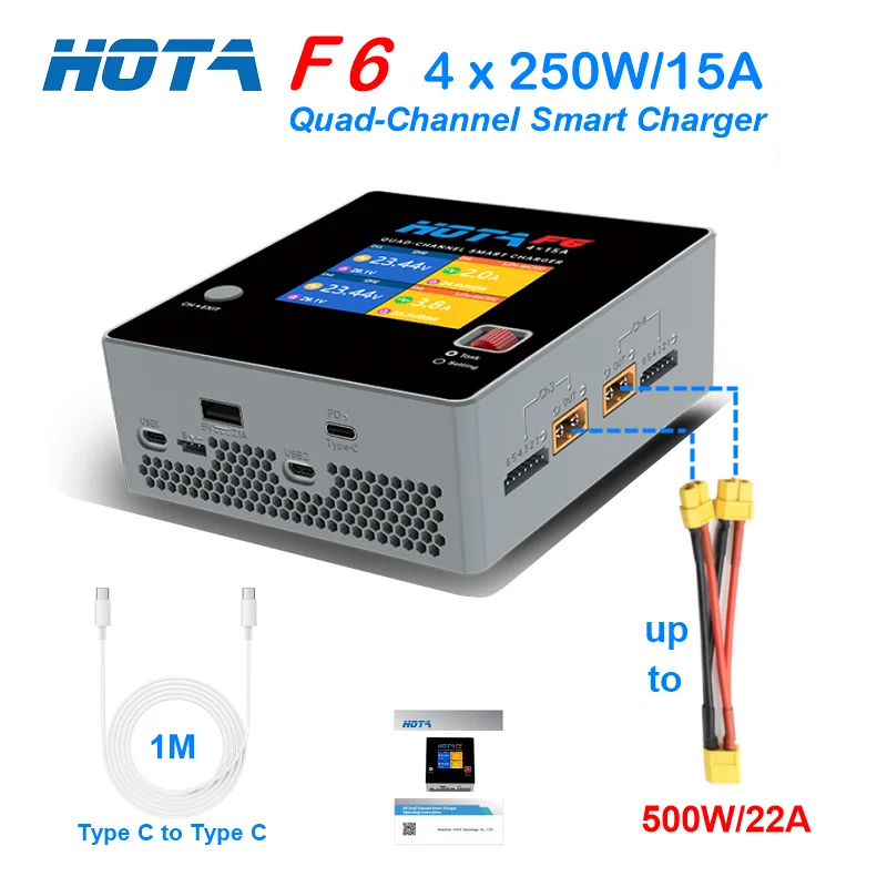 

HOTA F6 4-канальное балансирующее зарядное устройство для Lipo LiIon NiMH аккумулятора с Type-C для зарядки iPhone iMac Samsung