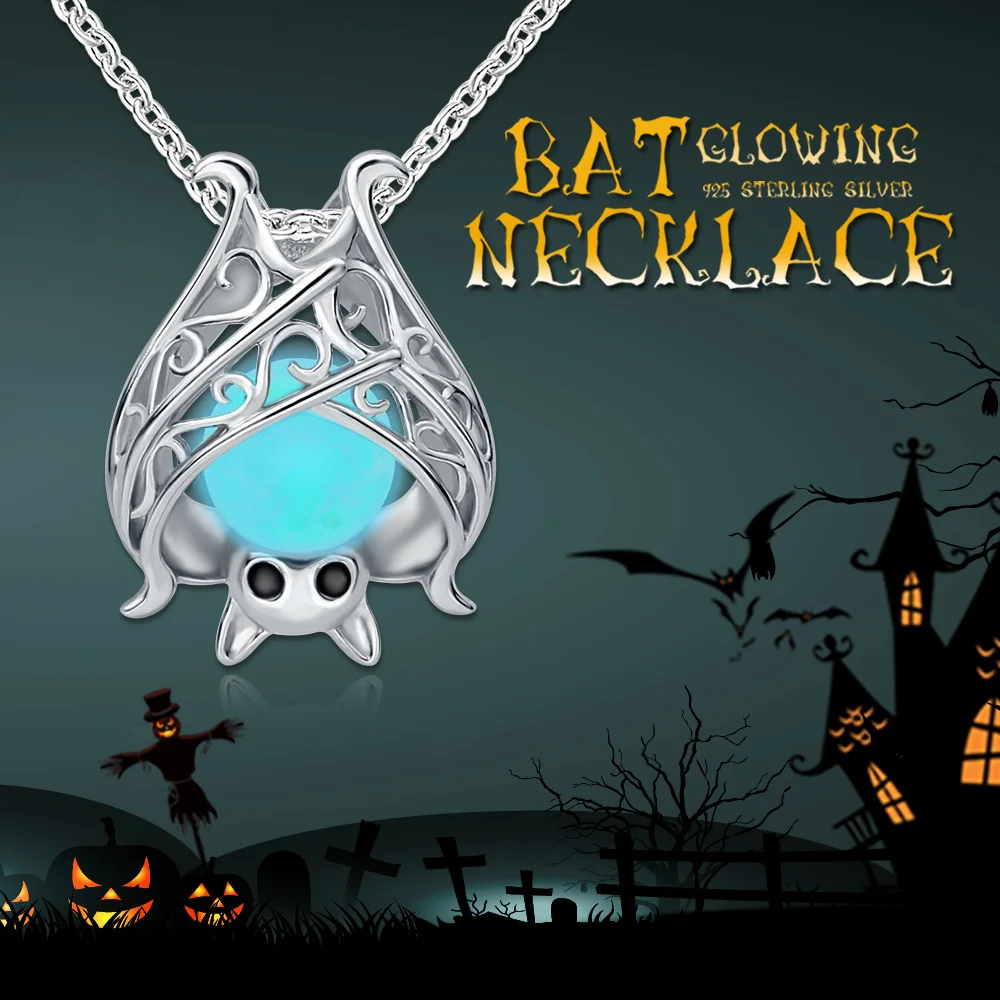 925 Sterling Silver Accessories Glowing Bat Necklaces Luminous Animal Pendant Chains For Women 2022 Halloween Fine Jewelry Gift
