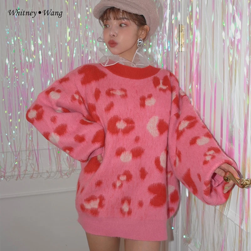 WHITNEY WANG 2021 Autumn Winter Fashion Streetwear Korean Style Leopard Oversize Sweater Women Pullover Jumper | Женская одежда