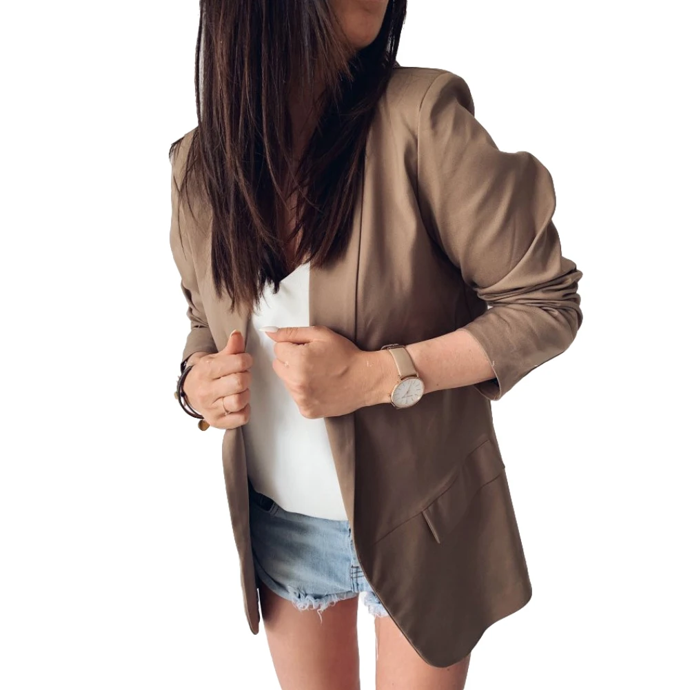 Женский офисный пиджак однотонный блейзер с длинным рукавом и лацканами