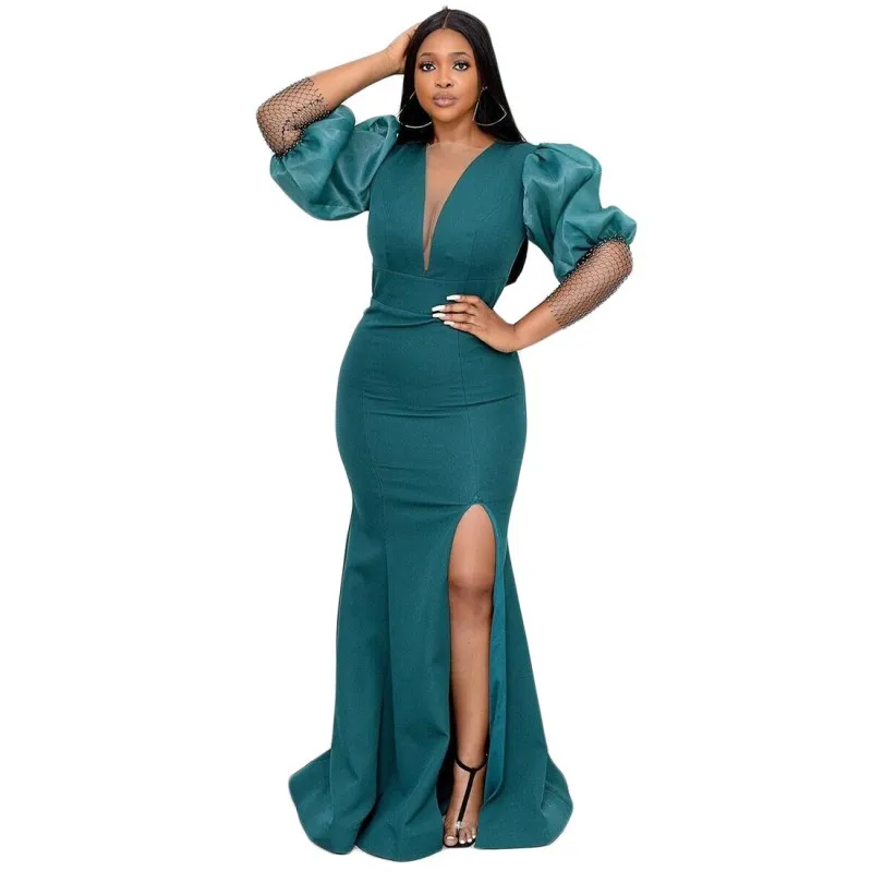 

Африканское платье-русалка, женское облегающее платье с высокой талией и разрезом, модное Сетчатое сексуальное элегантное вечернее длинно...