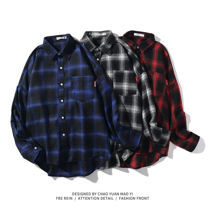 

Mens Plaid Long-sleeved Shirt Loose Plaid Shirt Thin Coat Spring Autumn -40