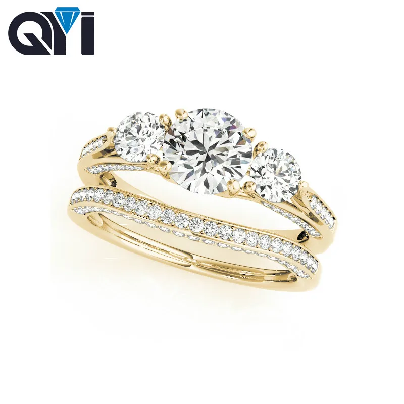 14K Three Stone Engagement Ring Sets Round 1 Carat Moissanite Diamond Customized Jewelry Women Wedding Ring