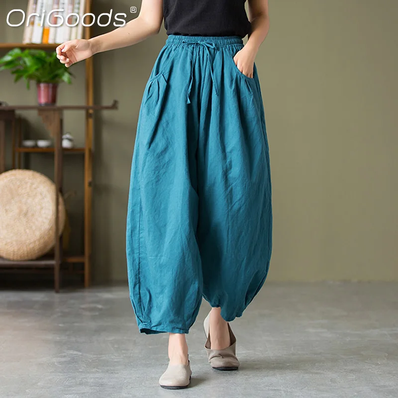 

OriGoods Women Cropped Pants 2022 New Spring Summer Linen Capri Pants Fashion Novelty Original Loose Cropped Trousers B337