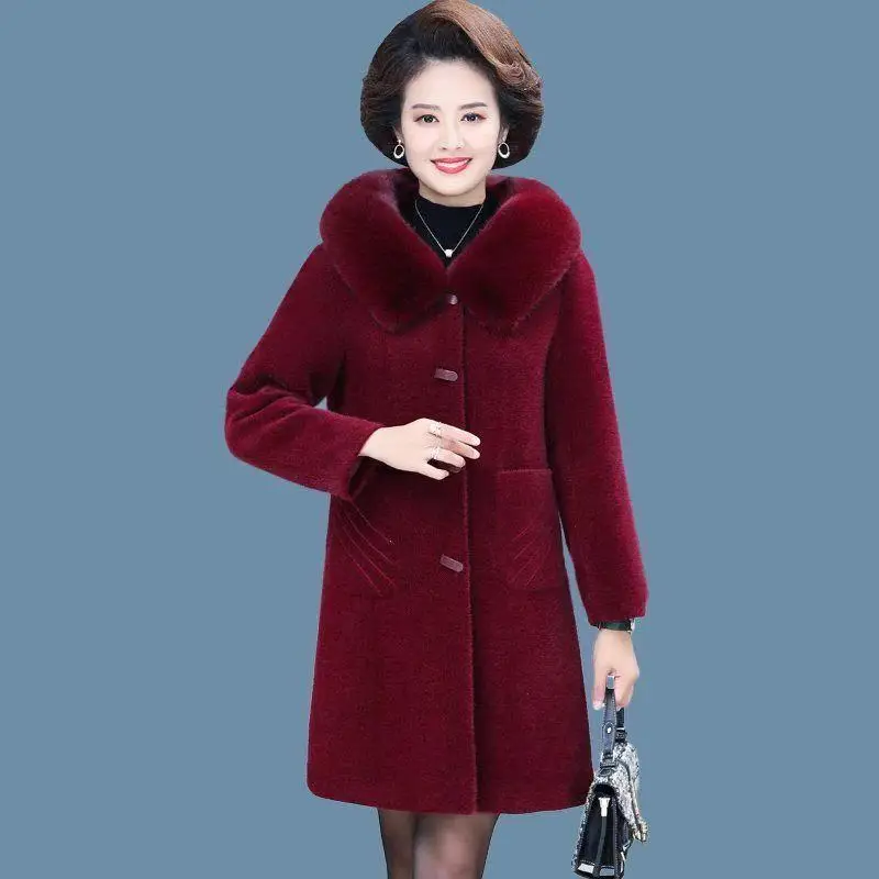 

Mom Winter Imitation Mink Velvet Coat Mid-Length Thicke Cotton Clothes Middle-Aged Women's Warm Large Size Outwear Woolen Coat