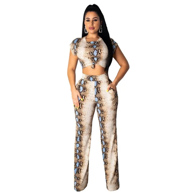 

Female African Clothing Snake Print 2 Pices Suit Crop Tops Long Pants Bazin Rich Woman Skinny Summer Clothing Woman Elegant
