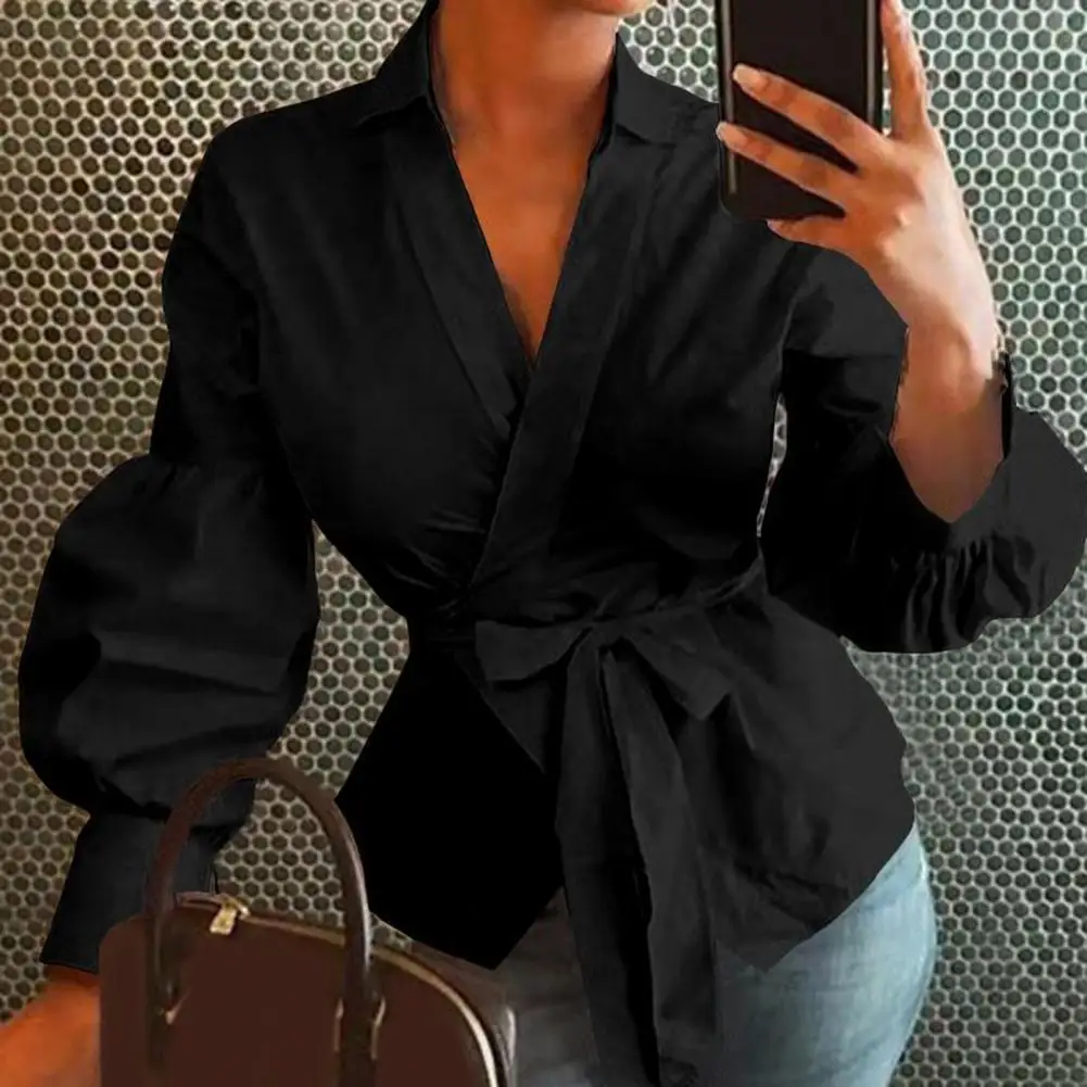 

Women Stylish V Neck Lantern Sleeve Shirt Blouse Lady Shirt Irregular Hem for Office