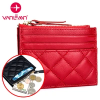 genuine leather coin purse female small wallet women change purse thin card holder wallet men zipper plaid purses for women new