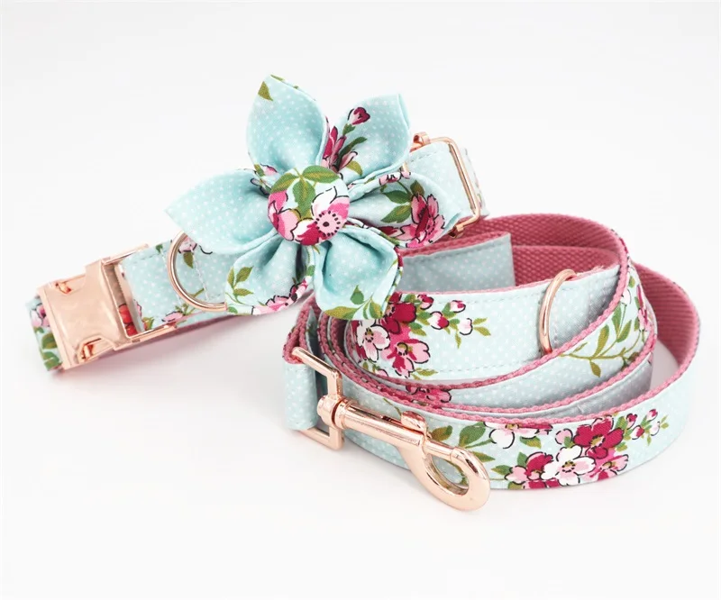 collar flower leash Собачий ошейник для девочек, собачий цветок и поводок, набор для питомца, собаки, кошки с металлической пряжкой цвета розового золота - Цвет: collar flower leash