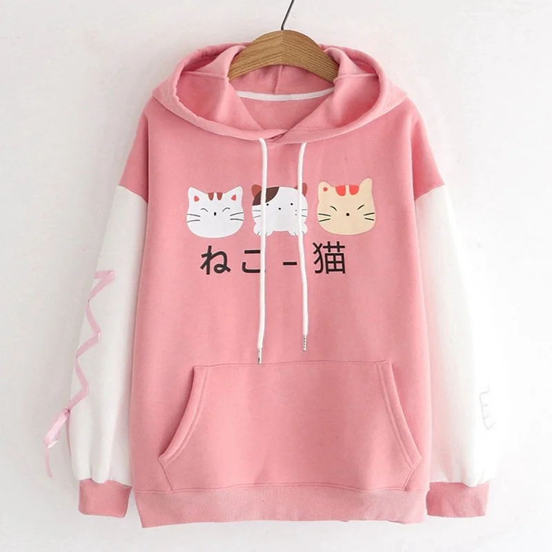 

Lolita Cute Cartoon Cat Ribbon Sweatshirt Harajuku Kawaii Hoodie Women Print Graphic Japanese Clothes Cat Ear Teen Girl Pullover