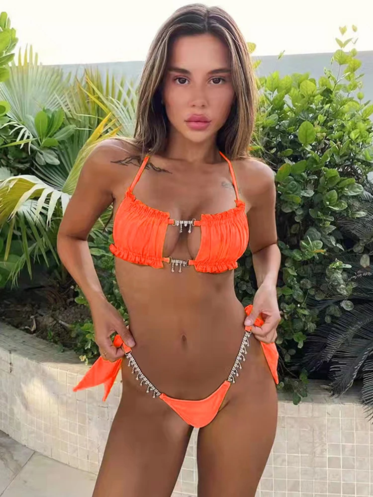 

2022 New Sexy Crystal Diamond Bikini Bandeau Swimwear Women Swimsuit Female Hollow Out Bikini Set Bathing Suit Summer Beach Wear