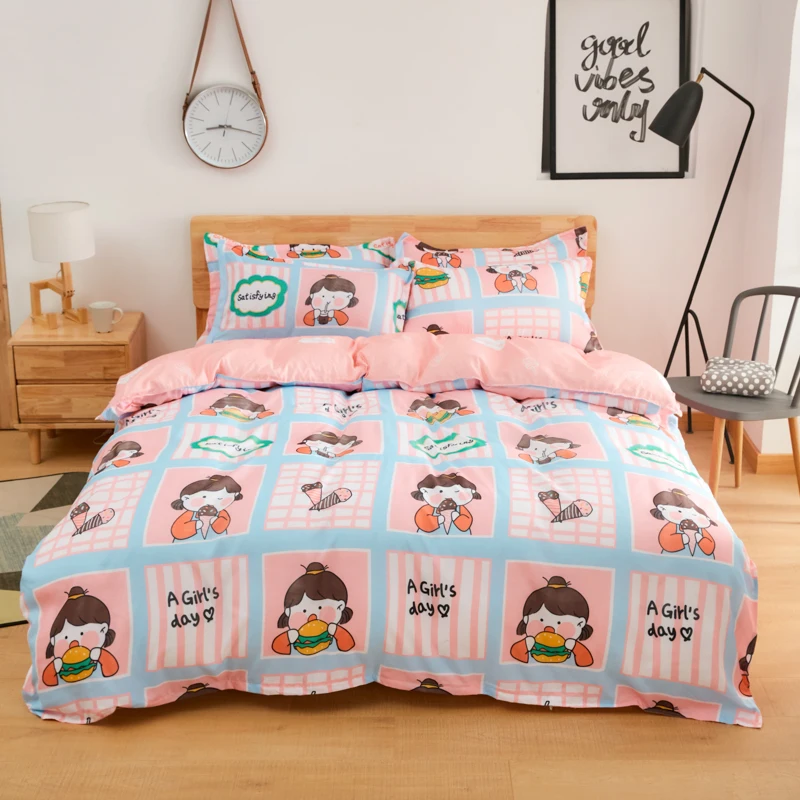 

Cartoon Cute Girls Bedding Set Simple Duvet Cover Sheet Set With Pillowcase Set Full Queen Size Girls Bedclothes