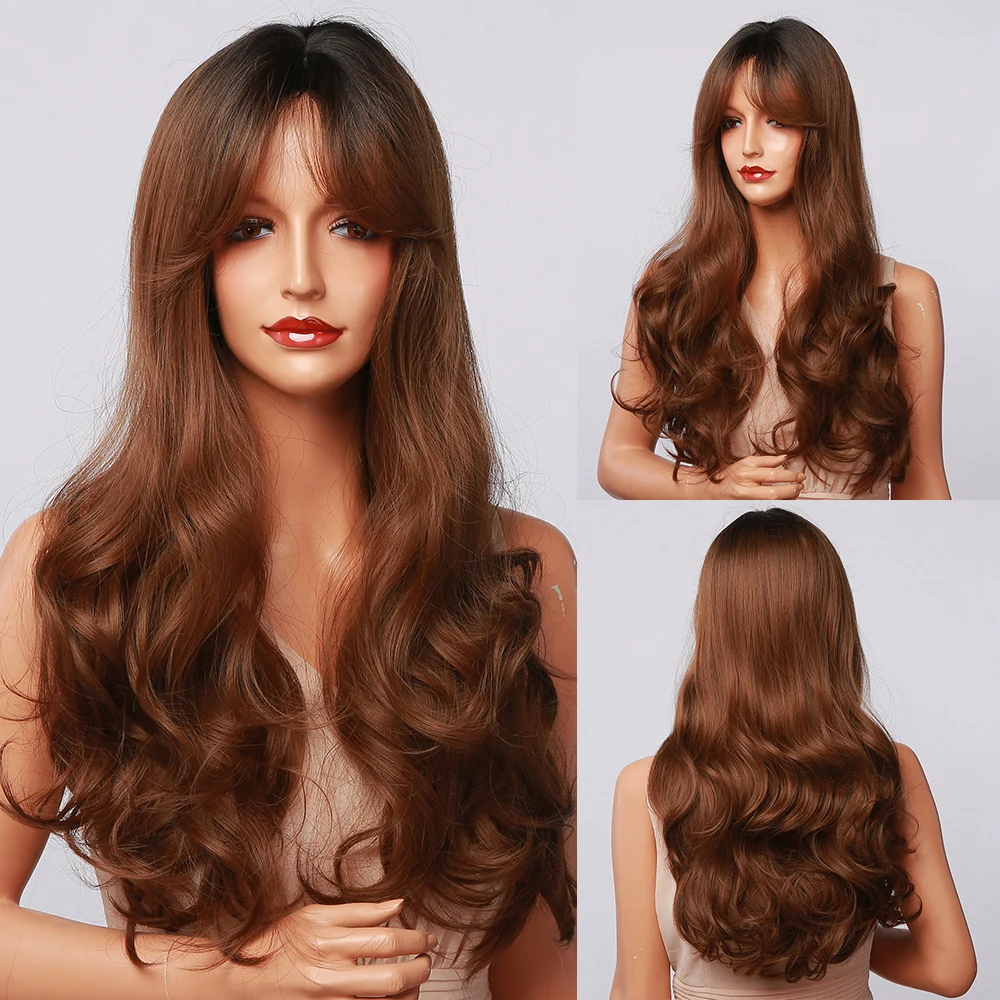 Sintéticas com Franja Peruca para as Mulheres Resistente ao Calor Perucas de Cabelo Henry Margu Longo Ondulado Preto Marrom Ombre Perucas Cosplay Festa Lolita 6 peruca para as mulheres resistente ao calor perucas de cabelo