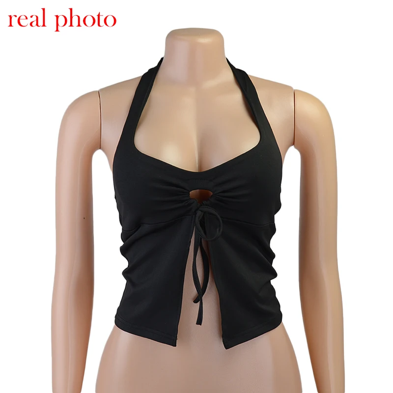 

Halter Sexy Backless Tie Front Tops for Women Sleeveless 2021 Summer Black Crop Tops Club Party Fashion Y2K Outfits fairy grunge