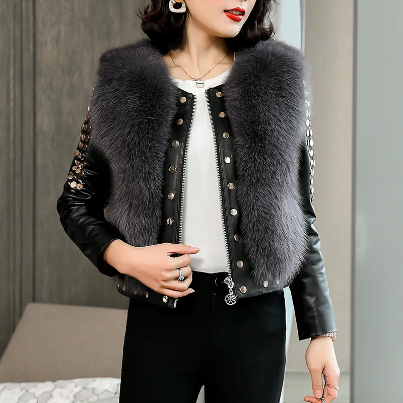 Женская короткая куртка из натуральной кожи мотоциклетная хлопка с лисьим мехом