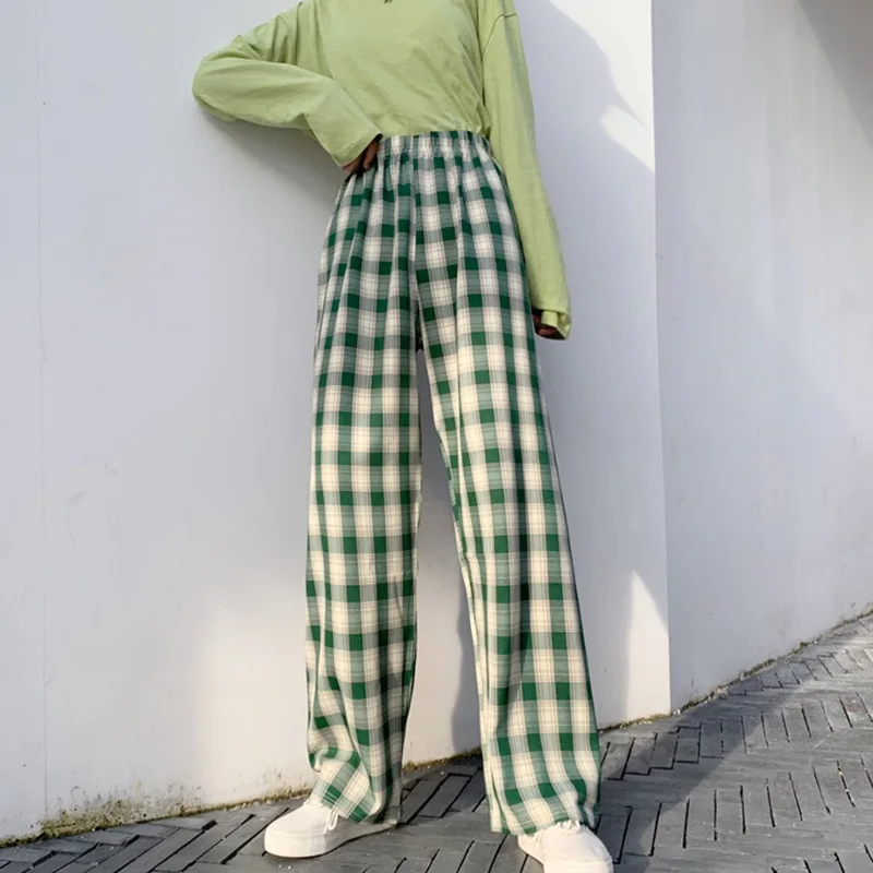 

Vintage Plaid Pants Elastic Waist Pants Women High Waist Plus Size Wide Leg Pant Casual Female Korean Trousers Streetwear